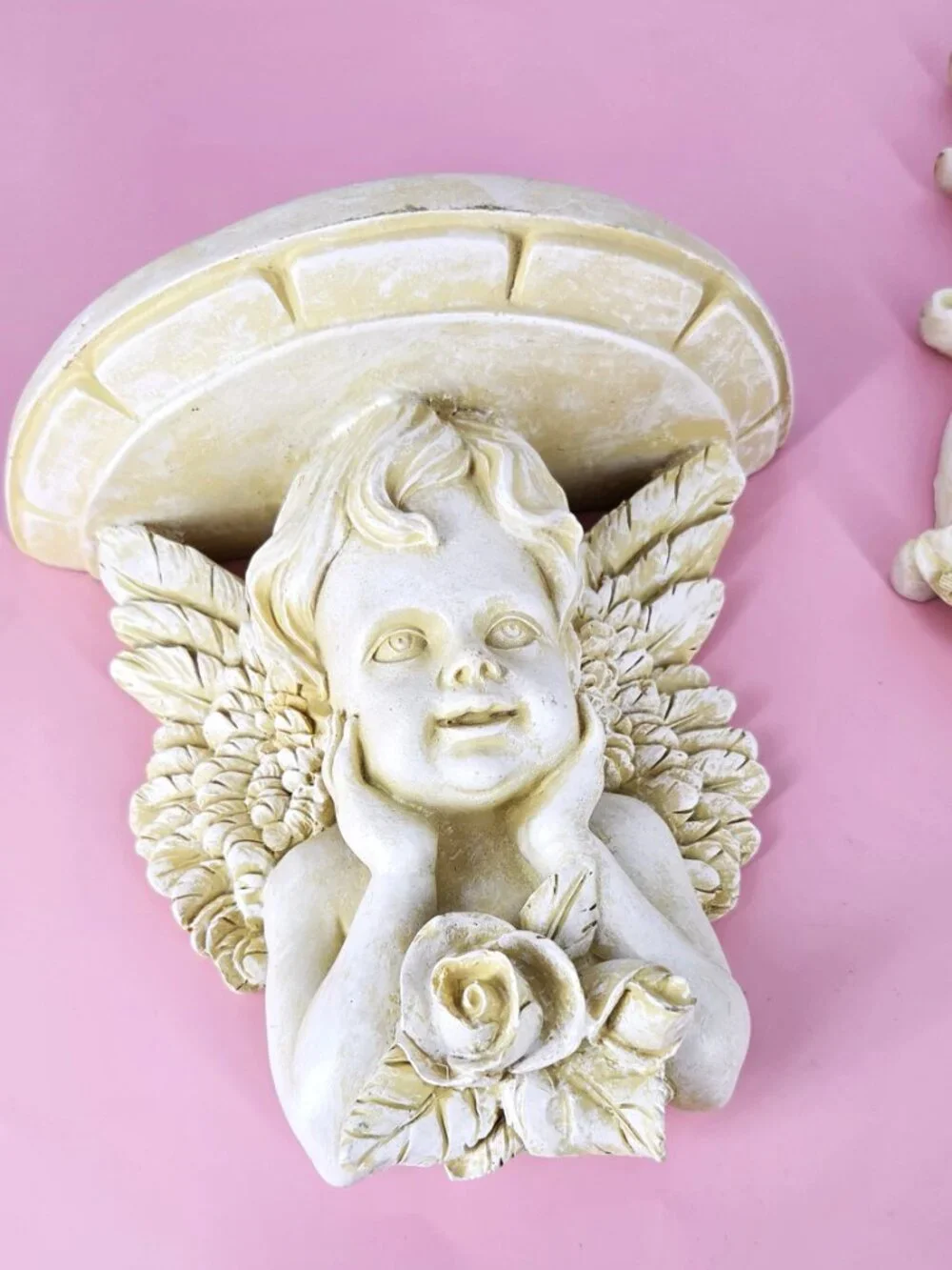 Set 3 Cherub Baroque Wall Shelves Oval Angelic Mirror Romantic Shabby VTG White
